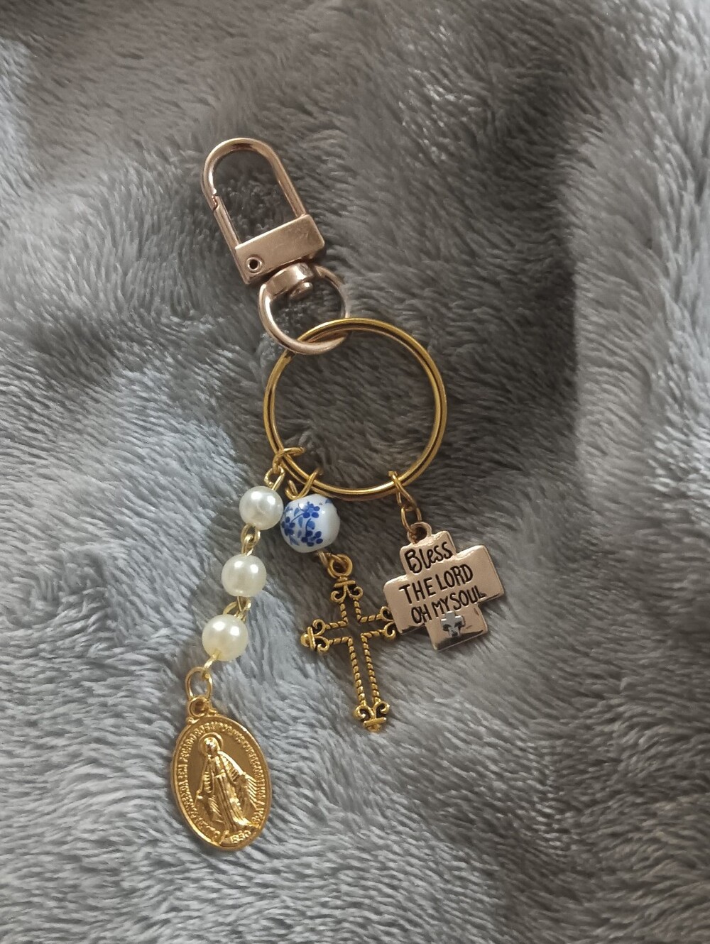 Gold-Tone Religious Charm Keychain with Faux Pearls and Cross